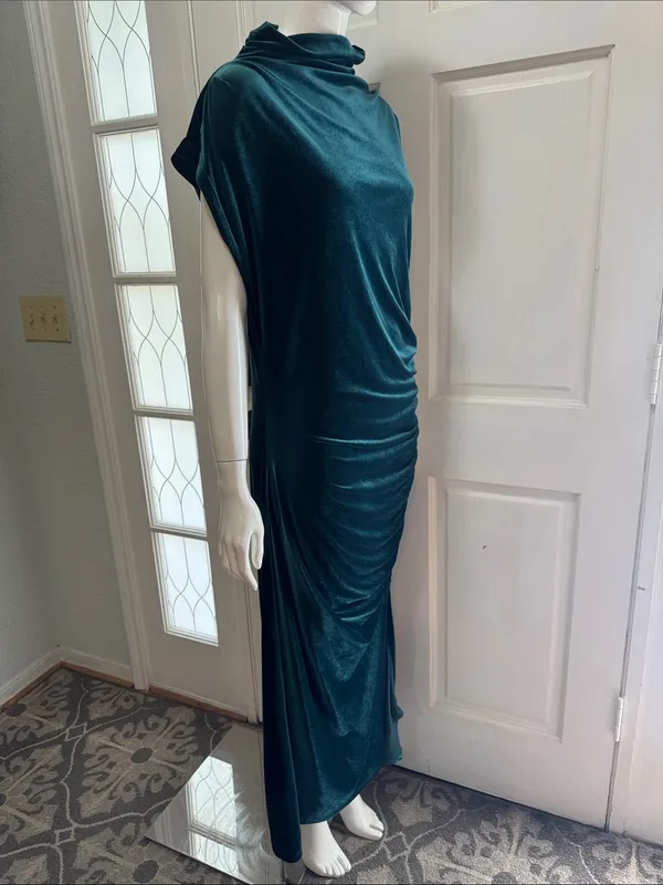 ANTHROPOLOGIE The Maya Stretch Velvet Cowl-Neck Em Teal Velvet Ruched Dress S XL - Image 12