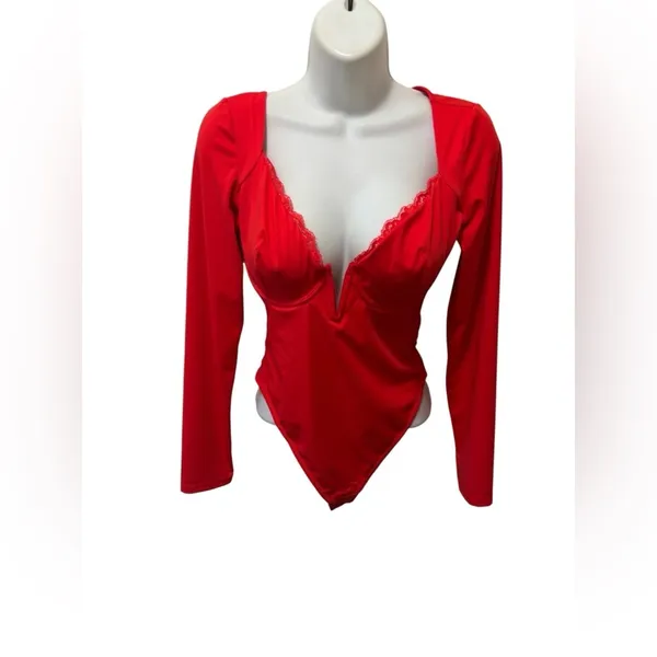 Popilush Shapewear Long Sleeve Lace Trim V-Neck Bodysuit Sz M/4-6 Red Coquette - Image 3