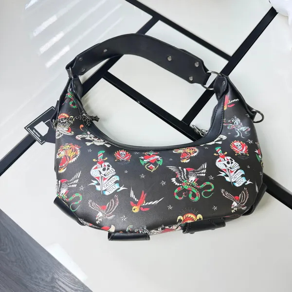 🔥 NWT Ed Hardy Y2K Tattoo Print Studded Hobo Bag Black 🖤 - Image 12