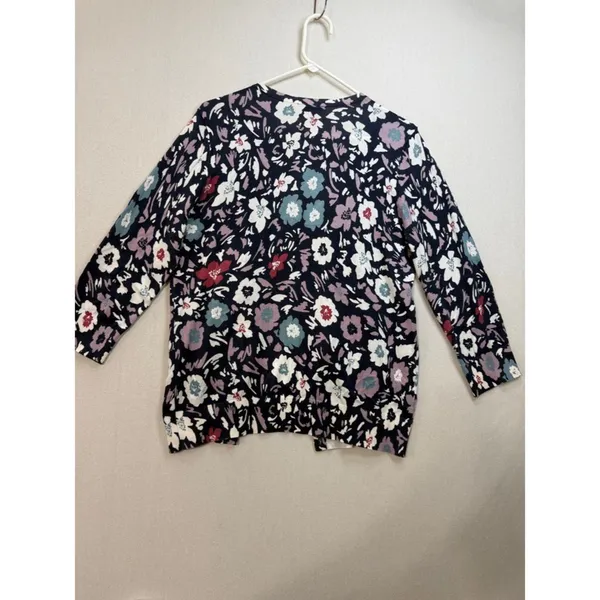 LOFT Navy Floral Button-Front Cardigan with Pink, Teal and White Blooms - Image 4