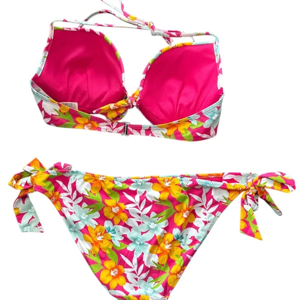 Hollister Push Up Bikini Sz M Hawaiian Floral Pink White Cheeky Bottom Underwire - Image 4