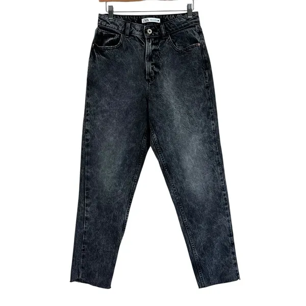 Zara High Rise Straight Acid Wash Jeans Black Grunge Raw Hem Size 4 - Image 2