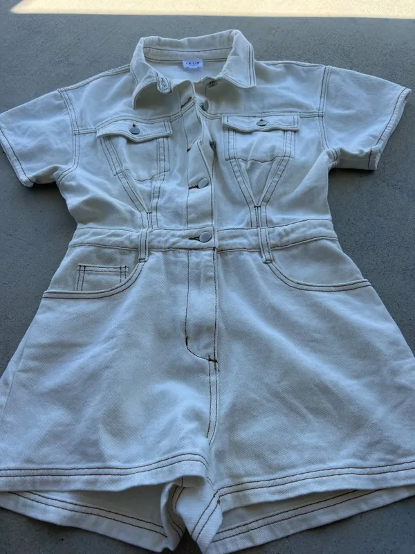 LELIS‎ Collection Off White Denim Romper Utility Belted Women’s Size S - Image 8