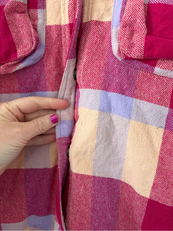 Free People We The Free Izzie Buffalo Check Plaid Cargo Flannel Shirt Pink Red S - Image 3
