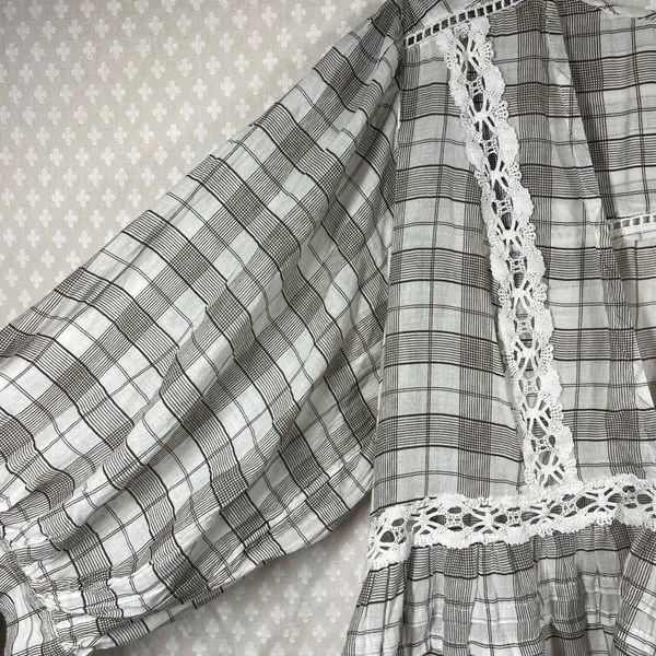 Free People White Grey‎ Plaid Time Out Eyelet Tiered Tunic Top - Image 5