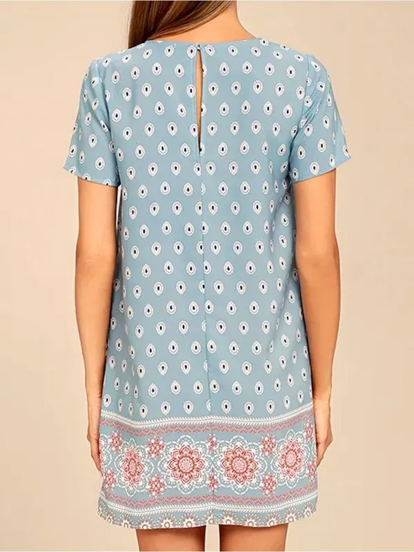Lulus Women’s Secret Paradise Blue Print Shift Short Sleeve Mini Dress Size L - Image 2
