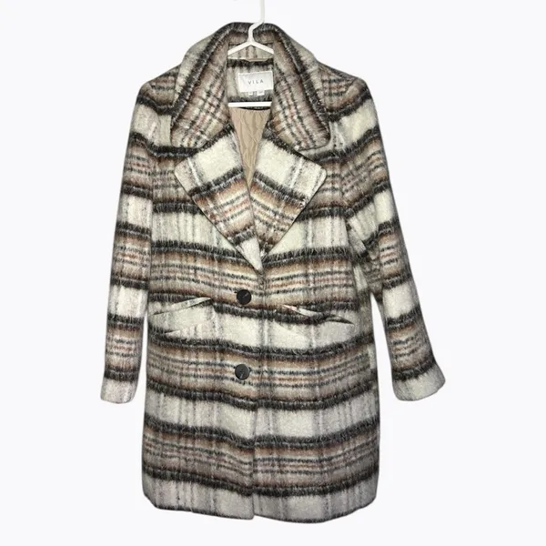 VILA Virooma Birch Check Wool Pea Coat Size M Plaid Quiet Luxury - Image 2