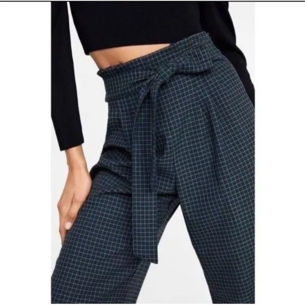 Zara Influencer Fave Plaid Wide Leg Cropped Trousers Pleated Tie Front Blue Chic Sz S - Image 2