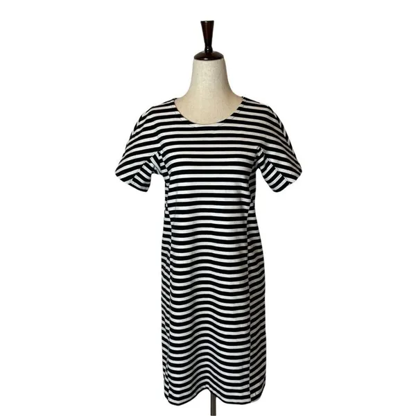 J Crew Dress Women XS Black White Striped Short Sleeve Crewneck Mini Preppy - Image 3