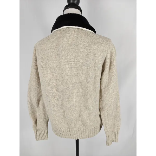 Women's Cable Knit Cardigan Sweater Cream Faux Fur Collar Open Front - Image 2