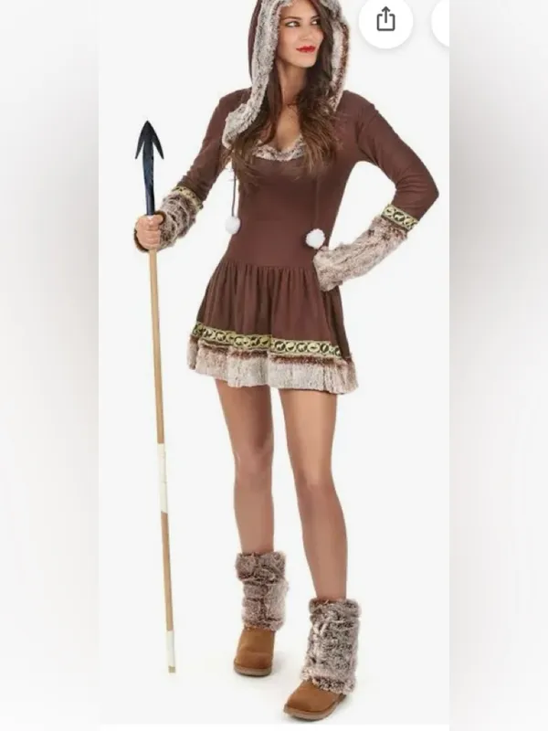 Kissing Eskimo Costume XL Women's Brown Faux-Fur Trim Mini Skirt n Boot Covers - Image 2