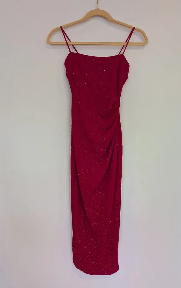 Red Glitter Ruched Strappy Bodycon long Dress Sleeveless Pullover Women XS - Image 3