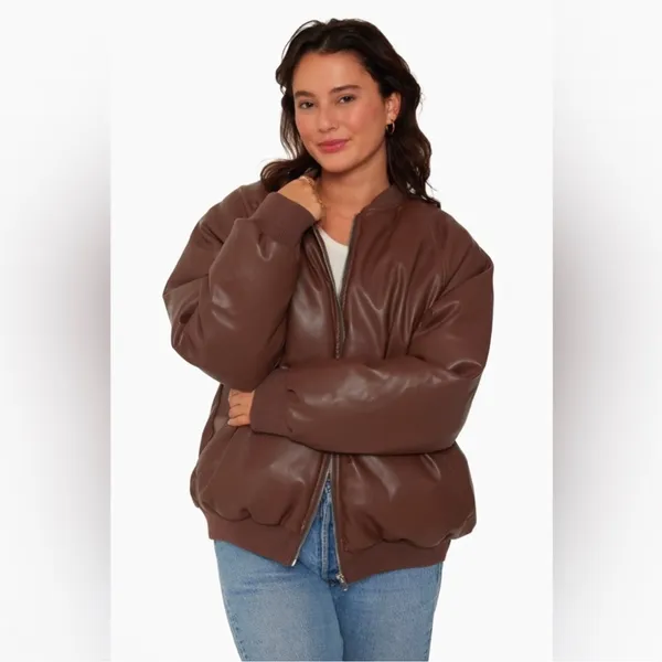 NWOT Set Active brown vegan leather bomber jacket - Brown - Image 3