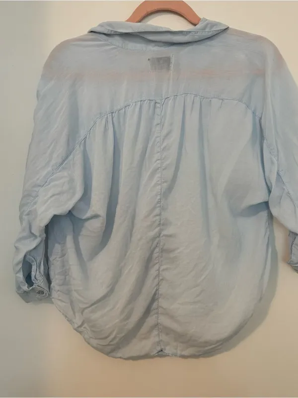 American Eagle Sky Blue Sheer Button Up Ruched Sleeves Blouse Top Size XS - Image 3