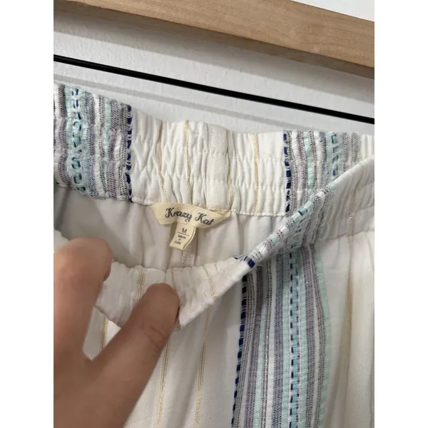 Krazy Kat Pants Womens Sze Med Ivory Blue Metallic Striped Wide Leg Pull On - Image 4