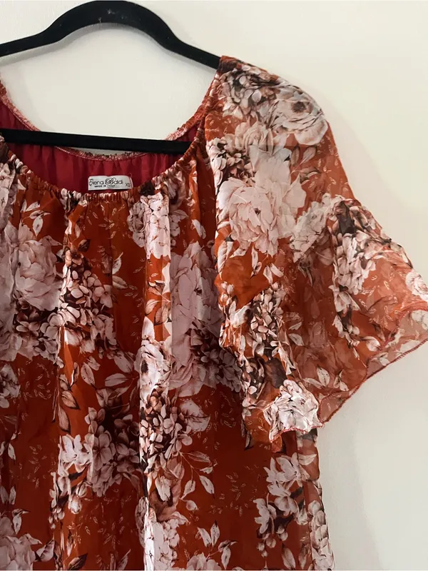 Rust Orange Silk Floral Mini Dress XS Euro Summer Resort Romantic Flutter Sleeve - Image 3