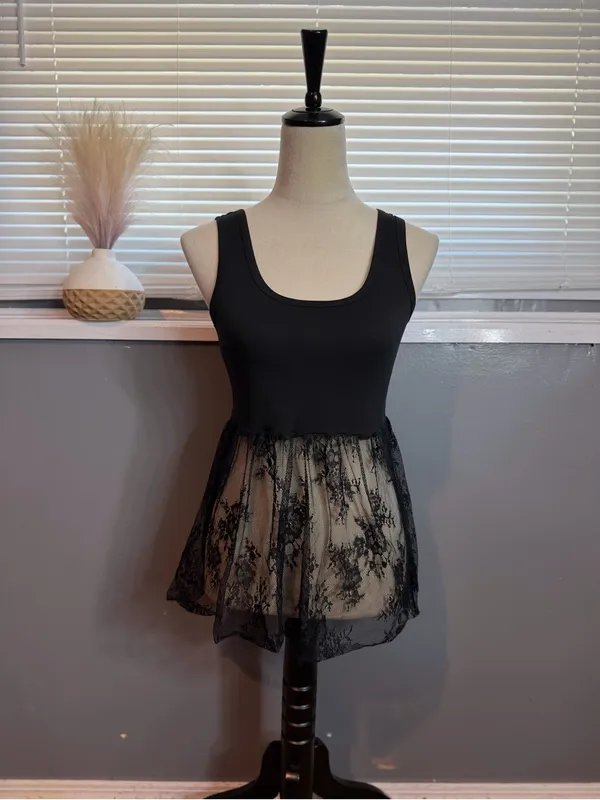 Black Lace Peplum Tank Top Fairy Grunge Coquette Goth Balletcore Y2K - Image 2