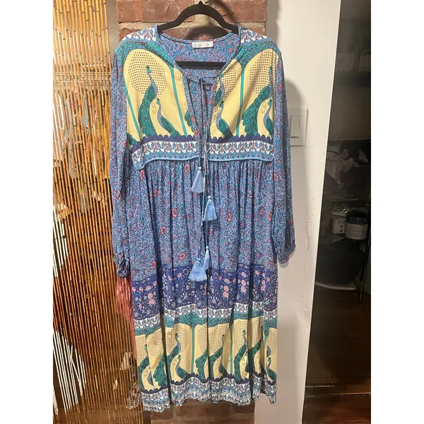R. Vivimos Blue Peacock Floral Boho Tassel Midi Peasant Dress XL - Image 2