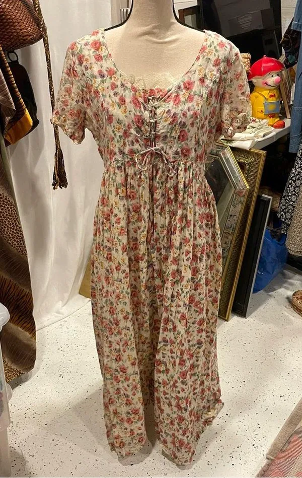Vintage soft cotton floral boho maxi corset dress lace prairie pixie - Image 6