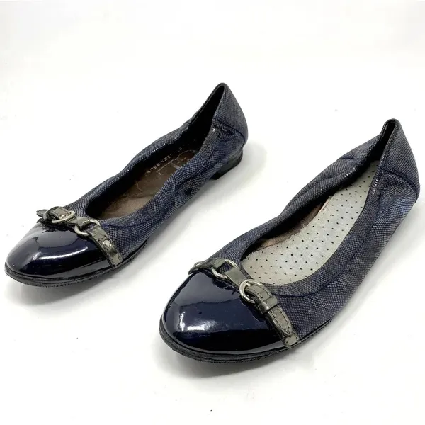 AGL Ballerina Flat‎ Shoes Cap Toe Metallic Patent Leather Navy Blue Size 8.5 - Image 8