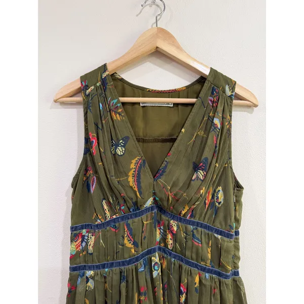 Abercrombie & Fitch Olive Green Butterfly Floral Pleated Mini Dress Womens M - Image 3