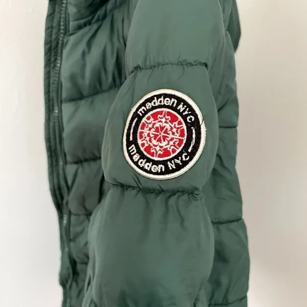Madden NYC green puffed‎ winter jacket coat hooded pockets nylon warm size large - Image 9