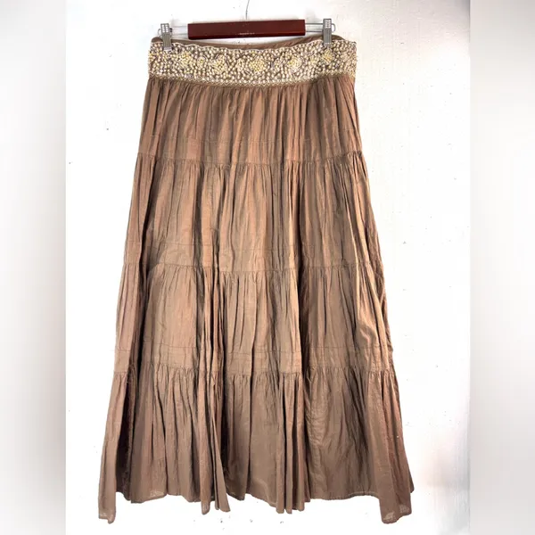 BCBGMaxAzria S Cotton Tiered Brown Embellished Beaded Waist Midi Skirt - Image 12