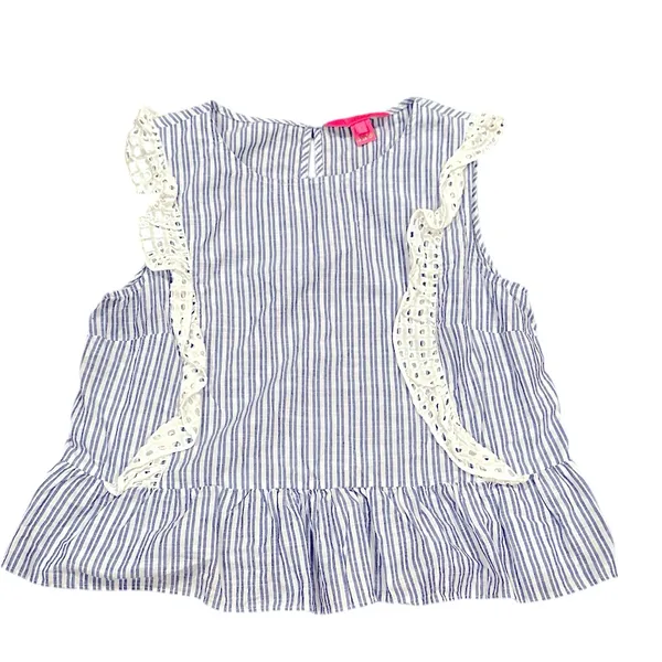 Lilly Pulitzer Ellis Blue Thistle Babydoll Peplum Ruffle Eyelet Stripe Top S - Image 4
