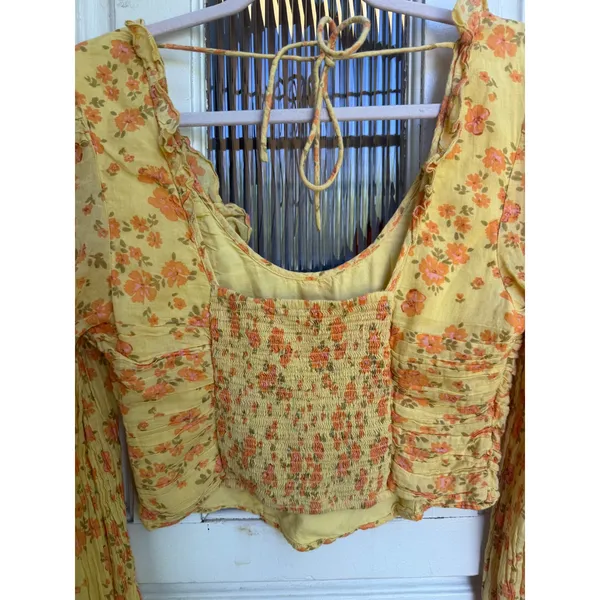 Free People Yellow Floral Smocked Back Ruffle Crop Top Long Sleeve Size Medium - Image 5