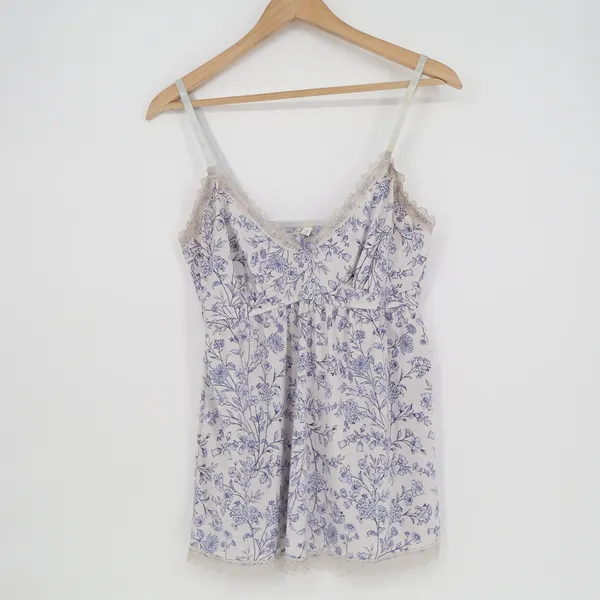Laura Ashley Blue Floral Lace Trim Camisole Top XL Empire Waist Adjustable Strap - Image 2