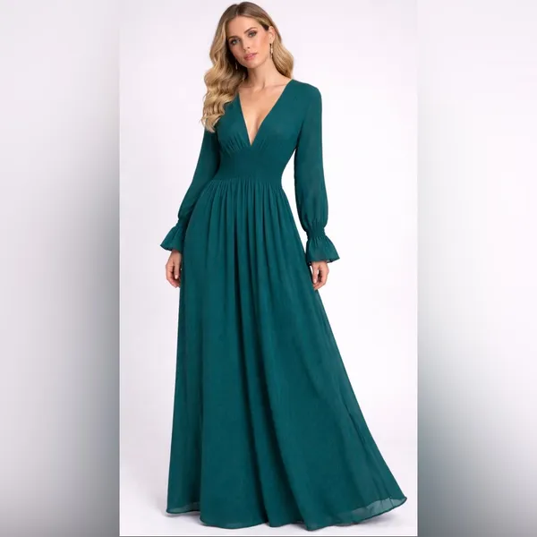 Beautiful Flowing V-Neck Sheer Long Dress Size 6 Medium - Image 2