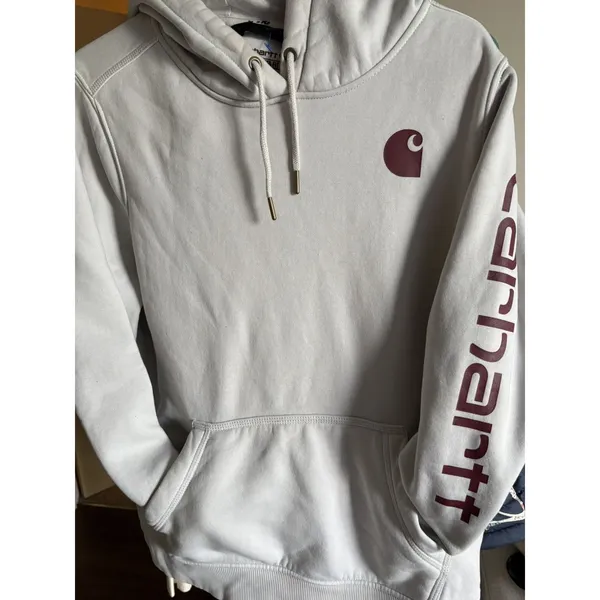Carhartt Hoodie Women Sz Large Maroon & Cream Relaxed Fit Logo Sleeve Pullover - Image 3