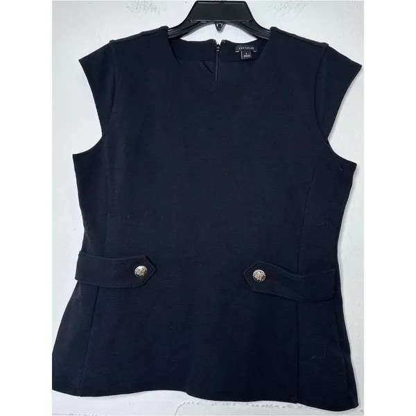 Ann Taylor Black Cap Sleeve Peplum-Style Top with Gold Button Tabs Detail Size M - Image 2