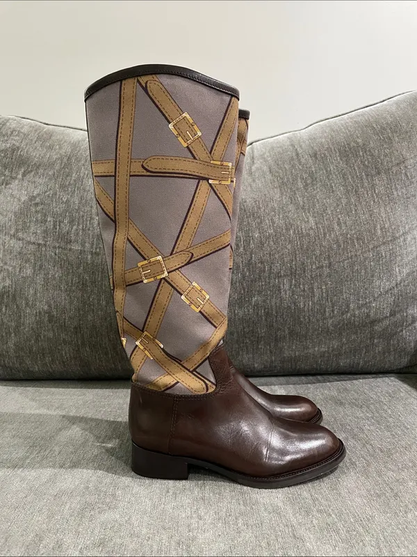 Tory Burch FELIX Riding Boots Brown Leather Equestrian Print Fabric Zip Size 5 - Image 6