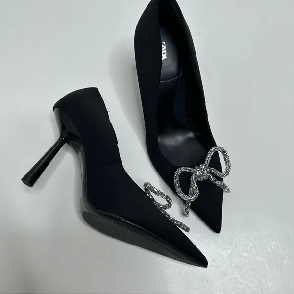 Zara Black Pointed Toe Silver Bow Stiletto Heels Size 39 - Image 7
