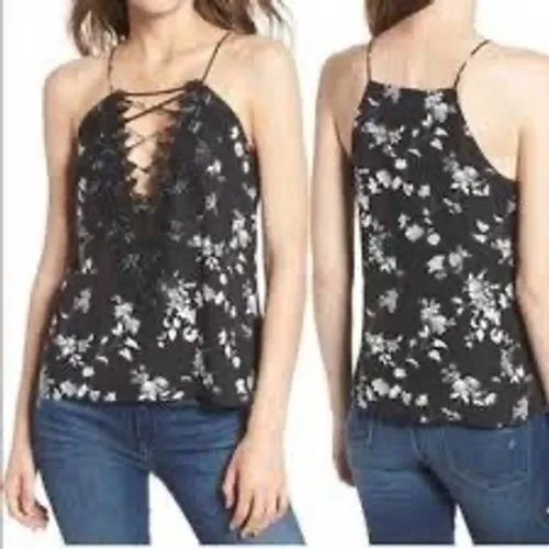 WAYF posie Strappy camisole womens S Black Floral Lace Up Front Sleeveless - Image 2