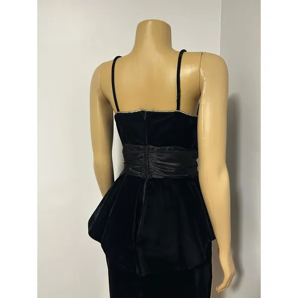 Vintage Night Way Black Velvet Peplum Dress Rhinestone Bow Halter 80s Glam 12 - Image 16