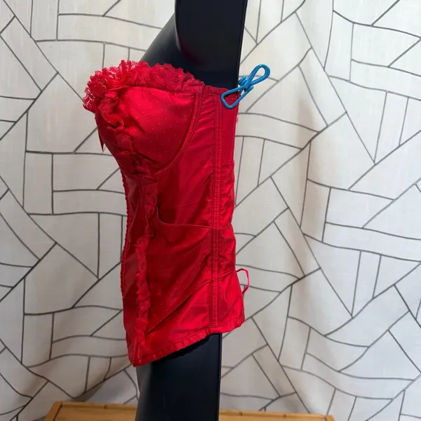 Victoria's Secret Corset Top 36C Red‎ Excellent Lace Up Satin Polka Dot Bow - Image 2
