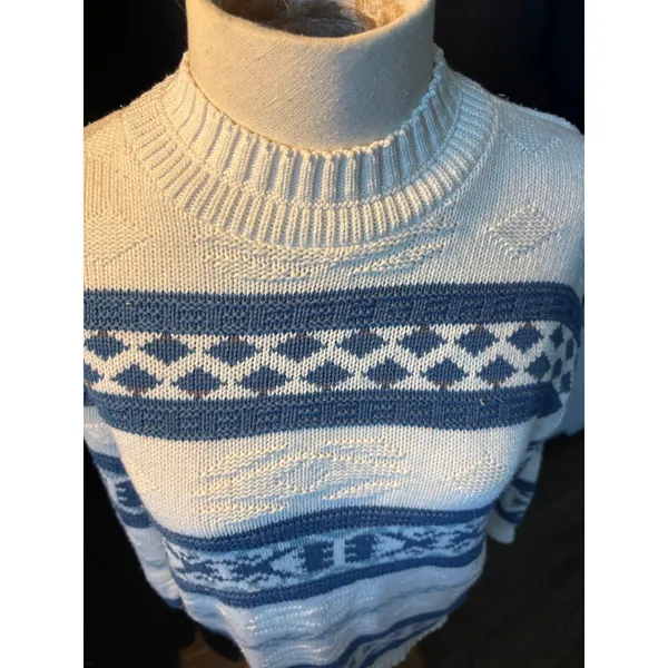 Vintage Cafe La Vie Blue Cream Geometric‎ Fair Isle Mock Neck Knit Sweater - Image 6