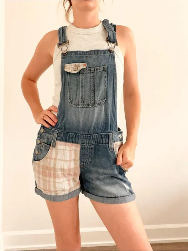 Vintage lei Blue Denim Short Overalls with Pink Plaid Patchwork Pockets - Image 4