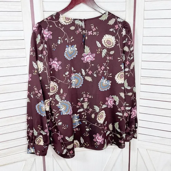 Vince Camuto Floral‎ Puff Sleeve Button Front Blouse Brown Pink Small Wildflower - Image 8