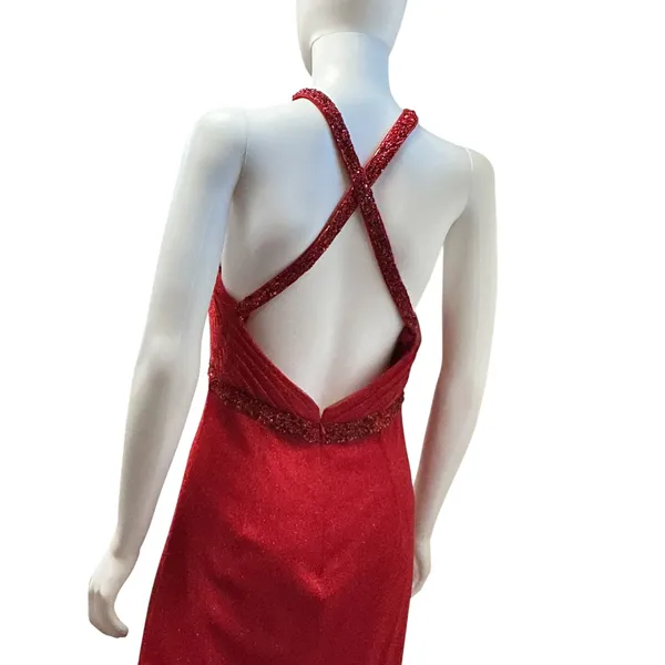 May Queen Couture Red Glitter Beaded Halter Keyhole Evening Gown‎ Dress 10 - Image 12
