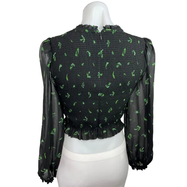 Aritzia Wilfred Lilith Black Leaf Print Smocked Puff Sleeve Ruffle Crop Blouse S - Image 2