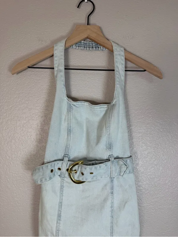 Show Me Your Mumu x Revolve Duncan Halter Belted Denim Mini Dress XS $164 - Image 8