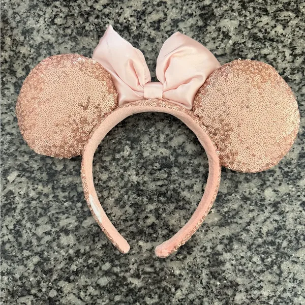 Disney Rose Gold Sequin Minnie Mouse Ears Headband with Pink Bow - Image 2