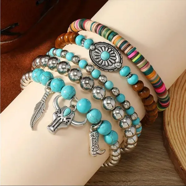 Western Lovely Vibrant Turquoise Stone Beaded Stretch Bracelet Elegant Stackable Brown - Image 4
