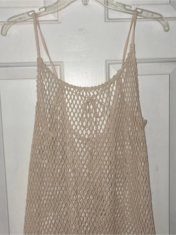 Cream Crochet Open Knit Sleeveless Tunic/Cover-Up - Image 2