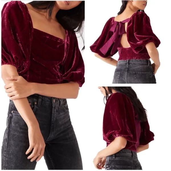 Free People Marie Velvet Open Back Crop Top‎ Balloon Sleeves Red Small NWT - Image 2