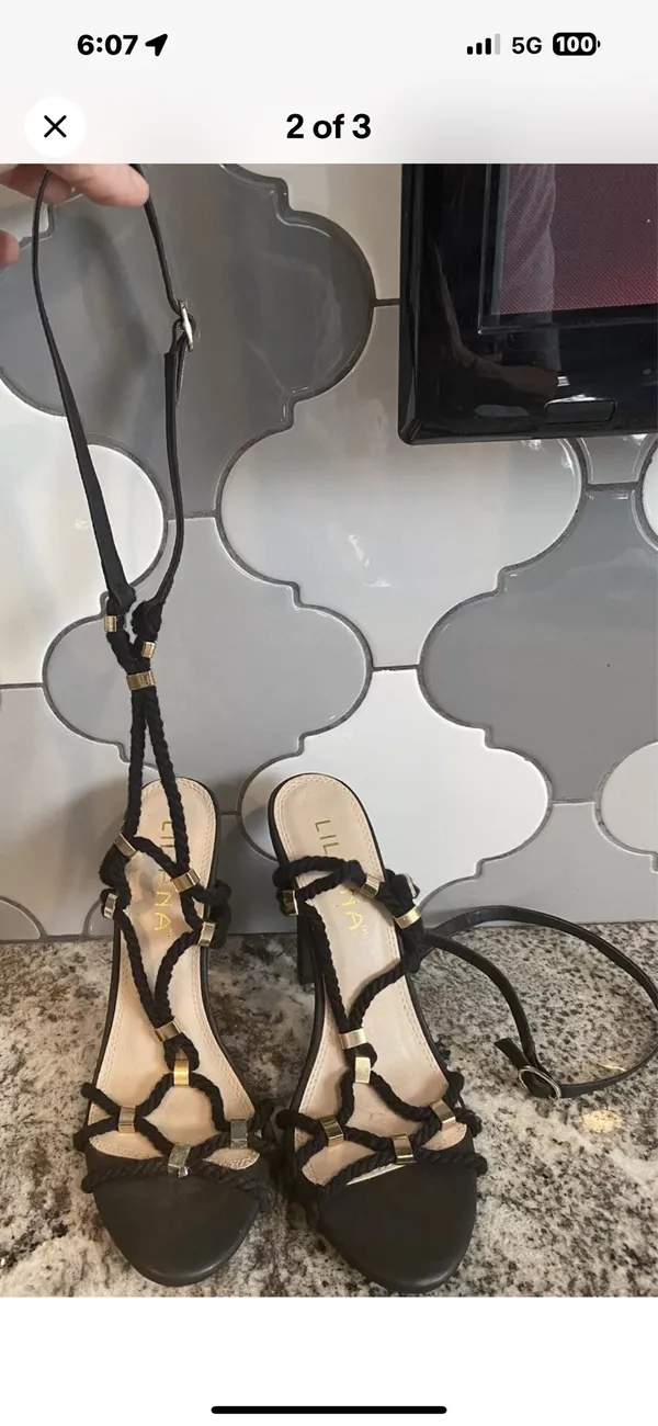 Trendy Black Leg Wrap Sandal Heels - Image 2