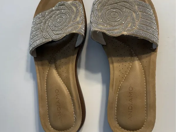 Andiamo "Abandy" Women's Tan Slide Sandals with Silver Bling Embellished Strap 9 - Image 4